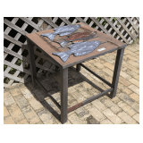 SET OF THREE METAL FISH WALL ART DECOR AND METAL OUTDOOR TABLE