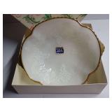 Anchor Hocking Milk White Glass Bowl with Gold Trim and Vintage Christmas Gift Box
