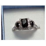 Three-Stone Ring with Black Rectangular and Oval Stones and Clear Accents Size 6