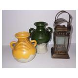 Two Resin Vases and Metal Lantern