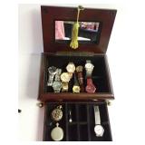 Collection of Assorted Wristwatches and Pocket Watches in Wooden Jewelry Box