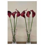 2 - Vintage Lenox Pinwheel Fine Full Lead Crystal Bud Vases 6â€  with Dark Red Silk Calla Lillies. In Original Box