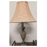 28" Traditional-Style Antique Bronze Table Lamp  With Urn-Shaped Base  Topped With a Textured, Patterned Bell-Shaped Fabric Shade. Matches Lot 500