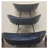 Three-Tier Oval, Graduated,  Ceramic Serving Bowl Set on a Black Metal Stand.