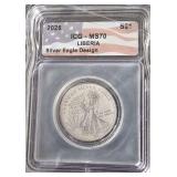 2026 ICG-MS70  Liberia $1 Silver Eagle, Walking Liberty  Design. .999%Ag 1/10oz