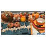Assortment of Fall/Thanksgiving  Decorations Including 3 Pumpkin Candles, Turkey Salt And Pepper Shakers, Fall Linens And More