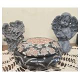 Vintage Hand-Painted Black Porcelain Lidded Trinket Dish Ddorned with a Floral and Peony Pattern (small chip on inside of rim), and 2 HiLine Resin Angels