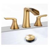 Brushed Gold 3 Pc. Widespread Waterfall Bathroom Faucet  2-Handle Vanity Faucet for 3-Hole Sinks 4-8 Inch with Pop-Up Drain (Stock Photos)