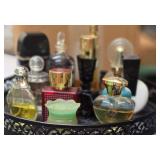 Collection of Vintage-Modern Perfume and Cologne Bottles on a Black Decorative Vanity Tray (incuded).