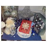 Lot Includes; Vintage Lenox, 2 New Boxes of Glass Ornaments, Blue Glass Poinsettas, Silver Star Tree Topper and More.