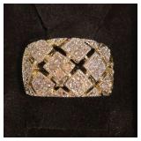 Wide Gold-Tone Statement Ring With Geometric Lattice and PavÃ© Crystal. Size 8