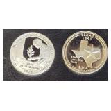 2004 U.S. Texas State Silver Quarter Dollar- .90%Ag, and 2020 U.S. Silver Marsh Billings - Rockefeller National Historic Park Quarter Dollar - .999%Ag