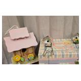 Precious Moments Gift Box, Hand Painted Birdhouse, and 2 Small Windchimes
