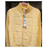 New - Large- Vintage Jones New York Country Mixed-Media Quilted Jacket Featuring a Combination of Soft Yellow Quilted Puffer Panels on the Torso and Coordinating Rib-Knit Long Sleeves and Collar