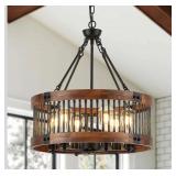 Farmhouse Drum Chandelier for Dining Room, Hanging Light Fixture
6-Light 21" Round Rustic Chandelier, Wood Grain and Vintage Black Metal, for Kitchen Entryway Living Room,E26 (Stock Photos)
