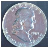 1963 U.S. Benjamin Franklin Silver Half Dollar. AU .90%Ag.
