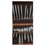 Vintage Wooden Storage Box Filled With Stainless Steel Flatware