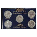 2000 United States of America State Quarter Collection; Massachusetts, Virginia, Maryland, South Carolina, New Hampshire Presented in Beautiful Leather Bound Box