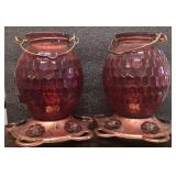 Two red, Textured Glass and Copper-Toned Metal Hummingbird Feeders With Floral Feeding Ports