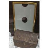Small Vintage Cast Iron Treasure Chest Piggy Bank and a Freestanding Curved Glass Picture Frame