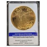 Modern Copper REPLICA of a 1933 Saint-Gaudens Double Eagle Coin, Layered in 24-karat Gold by the American Mint