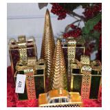 Holiday Gold Tone Glass Lighted Trees, Glass Green and Red Presents with a Gold Blown Glass NYC Taxi Cab.