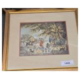 Vintage Hand Colored Fox Hunting Print "Going into Cover," of the  Original Work by English Painter George Morland and Engraved by Edward Bell.   Part of a popular 1800â€“1801 Series of Mezzotint