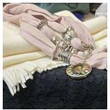 Black Fringed Shawl, Cream Color Wool - Like Scarf, and Beige Pendant Scarf With Metal Rings