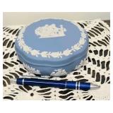 Vintage Wedgwood Pale Blue Jasperware Scalloped Trinket Box With Crisp White Neoclassical Bas- Relief. Pen is for Size Reference Only.