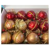 Box of Hand Painted Vintage Red and Gold Glass Christmas Balls