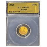 2026 ICG MS70 Small Commemorative .9999 Gold Round from Liberia. 1/1000 oz.