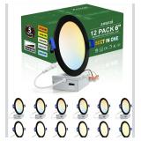 12 Pack 6 Inch LED Recessed Ceiling Light, 12W=110W, 5CCT, Dimmable
1080LM 120V, 2700K-5000K Selectable, Can Light, with Junction Box, Commercial & Home Use, Black, Damp & IC Rated, ETL Listed (Stock 