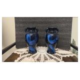 Pair of Dark Blue Ceramic Handled Vases with a Glossy Finish and Lighter Blue Brushstroke Accents.