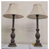 Pair of Traditional-Style Accent Table Lamps Featuring a Pineapple Motif Base and a Flared Beige Fabric Shade.