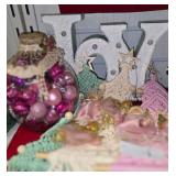 Lot includes Light Up JOY sign, 3 Macarame Christmas Trees, 6 Angel Ornaments,  Crocheted Victorian Hat Ornament & More.