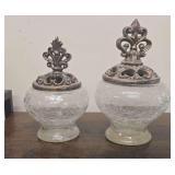 2 Decorative Crackle-Glass Jars or Potpourri Urns With Ornate, Fleur-De-Lis-Style Resin lids