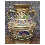 6" Vintage Japanese ChamplevÃ© Enamel and Brass Urn Vase Ornate Handles and Colorful Floral Patterns.
