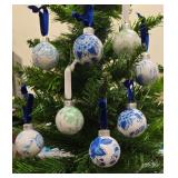 6 - Hand Painted Blue and White Chinoiserie-Style Christmas Ornaments and 2 Green Chinoiserie-Style Ornaments. All Hand Painted by a Local Artist.