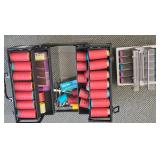 Clear Acrylic Cosmetic Train Case Full of New Plastic Hair Rollers and a Set of Vintage Vidal Sassoon Travel Slimline Hairsetter (Model VS371) Hot Roller Set. Appears Unused.