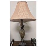 28" Traditional-Style Antique Bronze Table Lamp  With Urn-Shaped Base  Topped With a Textured, Patterned Bell-Shaped Fabric Shade. Matches Lot 501