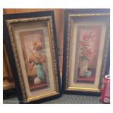 Matching Pair of Vertical Still-Life Floral Art Prints in Ornate Dark and Gold-Toned Frames.
