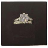 Classic Silver Tone Princess-Cut Cubic Zirconia Bridal Ring Set With a Large Square Center Stone and PavÃ©-Set Accent Bands.