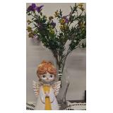 Handpainted Vintage Ceramic Praying Angel with a Clear Glass Vase and Arrangement of Silk Wildflowers