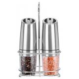 Salt and Pepper Grinder, Electric Pepper Grinder, Adjustable Roughness Salt or Pepper Grinder, LED Light Battery Powered, Single Hand Automatic Operation, Stainless Steel (Iron Frame Set/Silver) (Stoc