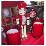 Vintage Oklahoma Sooner Wooden Nutcracker, 2 Boxes of Blown Glass Ornaments, 2 Hurricane Lamps With Flameless Candles and More.  Missing His Stick.