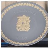 Vintage 1997 Wedgwood Blue Jasperware Christmas Plate Titled "Hanging the Stockings" In Original Box