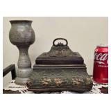 Vintage-Style Bronze-Toned Keepsake Box With an Ornate Embossed Floral Pattern and a Vintage, Handmade Studio Pottery Chalice or Goblet