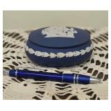 Vintage Dark Blue Wedgwood Jasperware Trinket Box Adorned With Delicate White Neoclassical Bas-Relief. In Original Box. Pen is for Size Reference Only.
