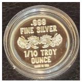 1/10 Troy Oz (3.1g) .999 Fine Silver Round. Made in the USA