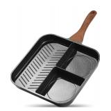 ESLITE LIFE Nonstick Divided Grill Pan for Stove Tops, 11 Inch Versatile 3-In-1 Breakfast Pan, Square Big Grilling Steak Pan for Indoor & Outdoor Cooking, PTFE & PFOA Free, Black